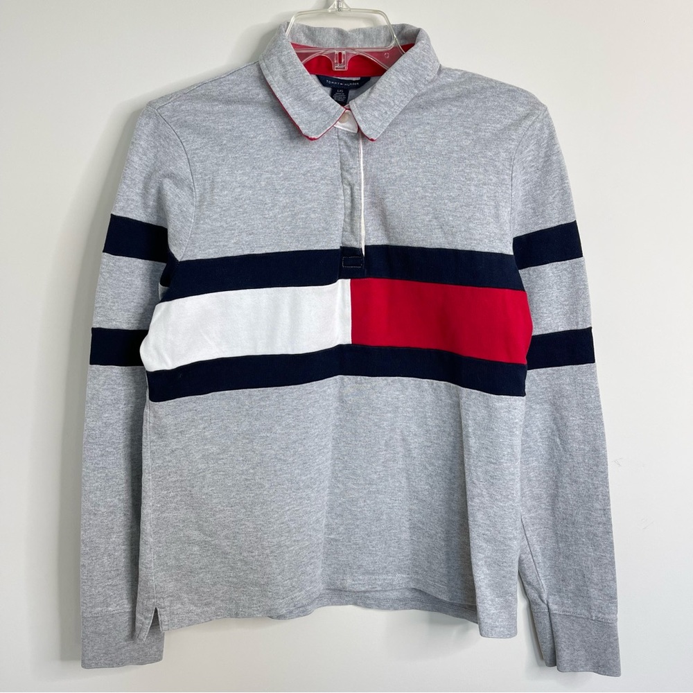 Tommy Hilfiger Big Flag Logo Collar Long Sleeve Polo Shirt Preppy Streetwear